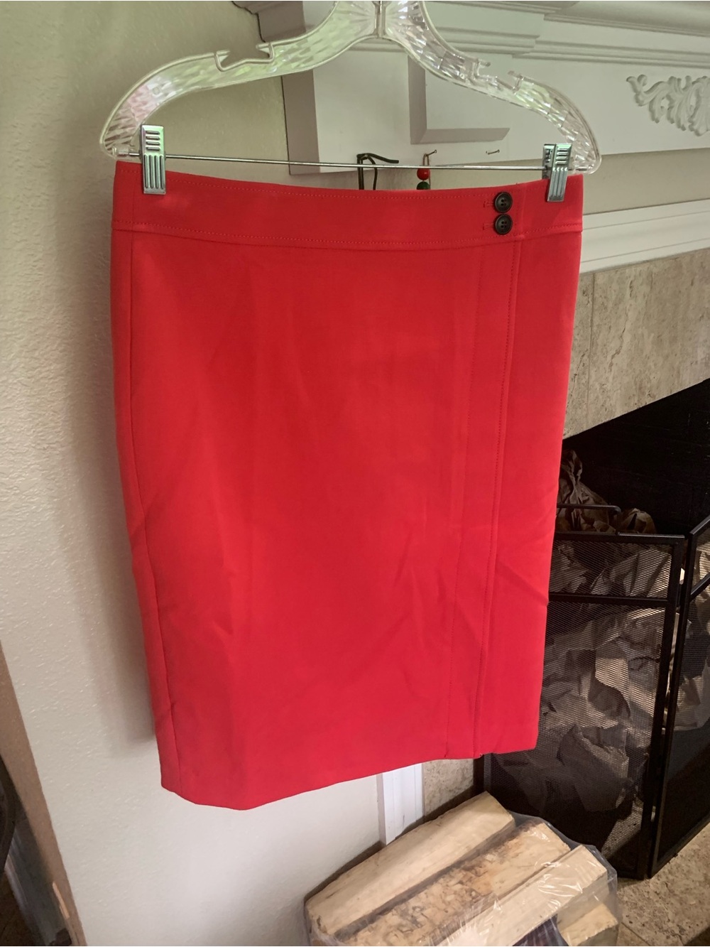 Ann Taylor Coral-Red Pencil Skirt with Button Detail